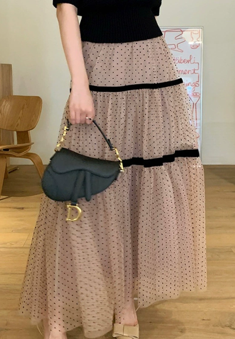French retro versatile polka dot mesh skirt CA25031905BW