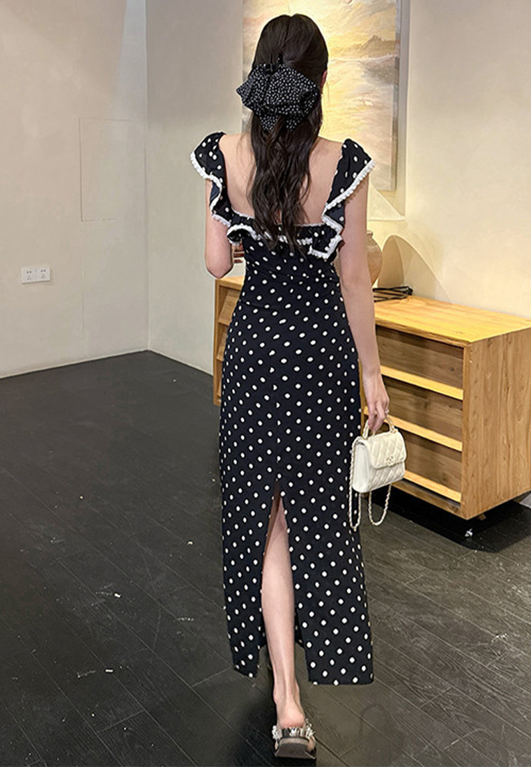 Summer new waist cinching lace lotus leaf polka dot long dress CA25060305BK