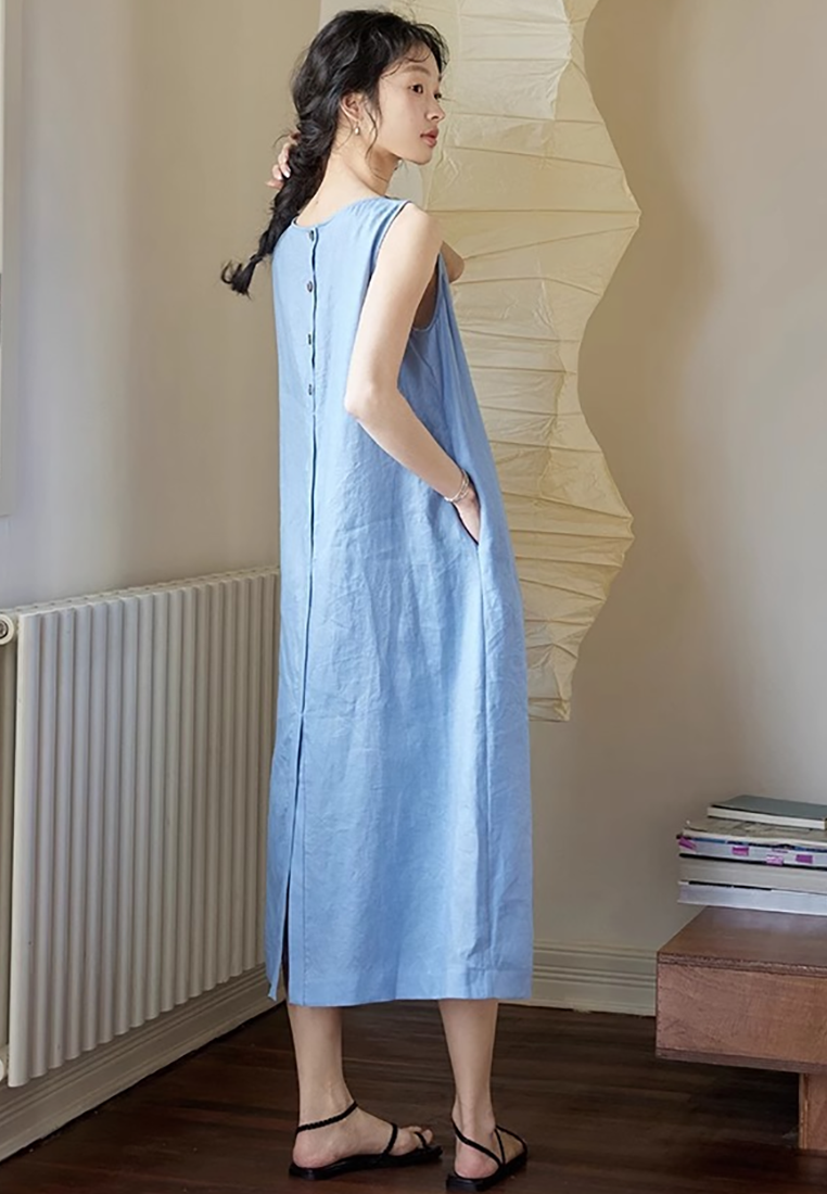 New summer sky blue cotton and linen new Chinese style vest dress CA25070905BL