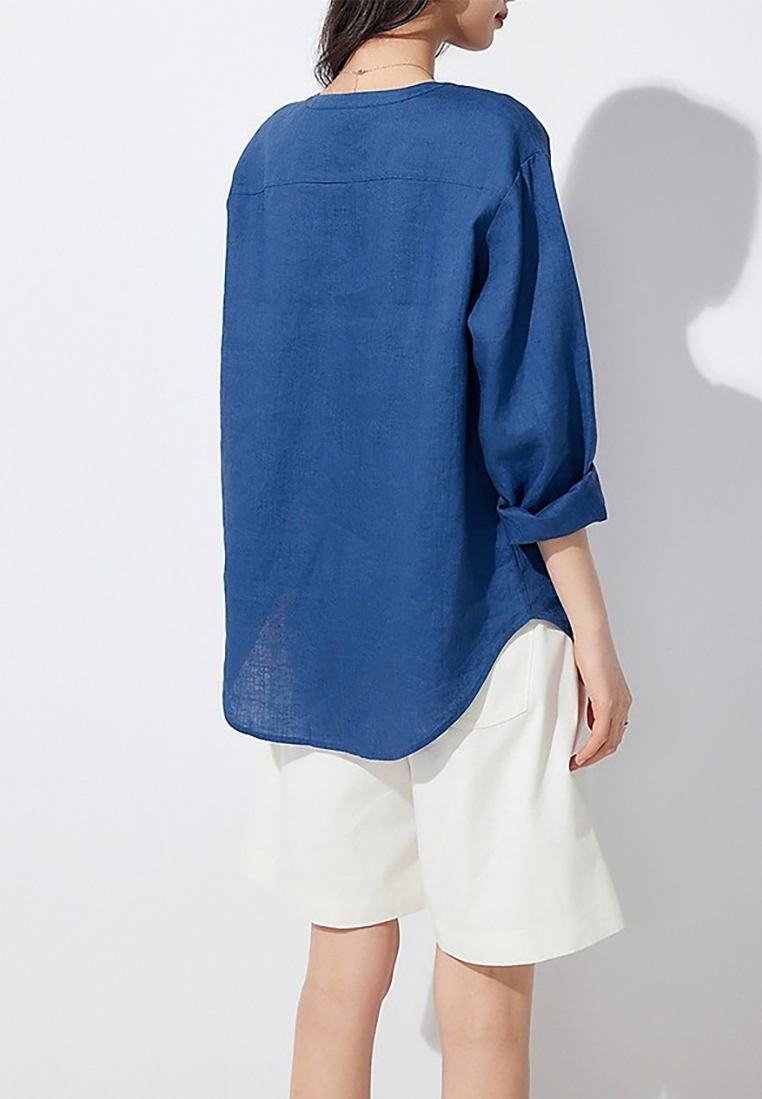 New French round neck linen drop shoulder loose shirt CA25100905BL