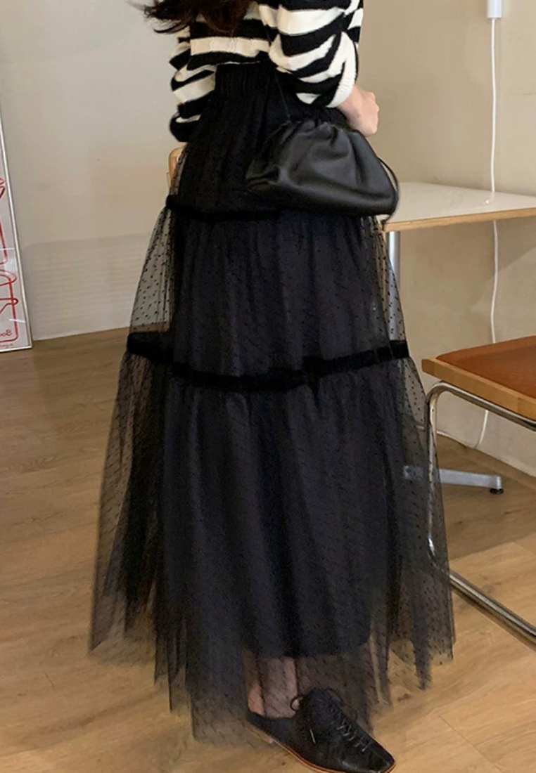French retro versatile polka dot mesh skirt CA25031905BW