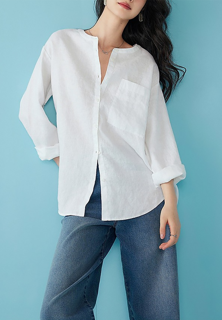 New French round neck linen drop shoulder loose shirt CA25100905BL