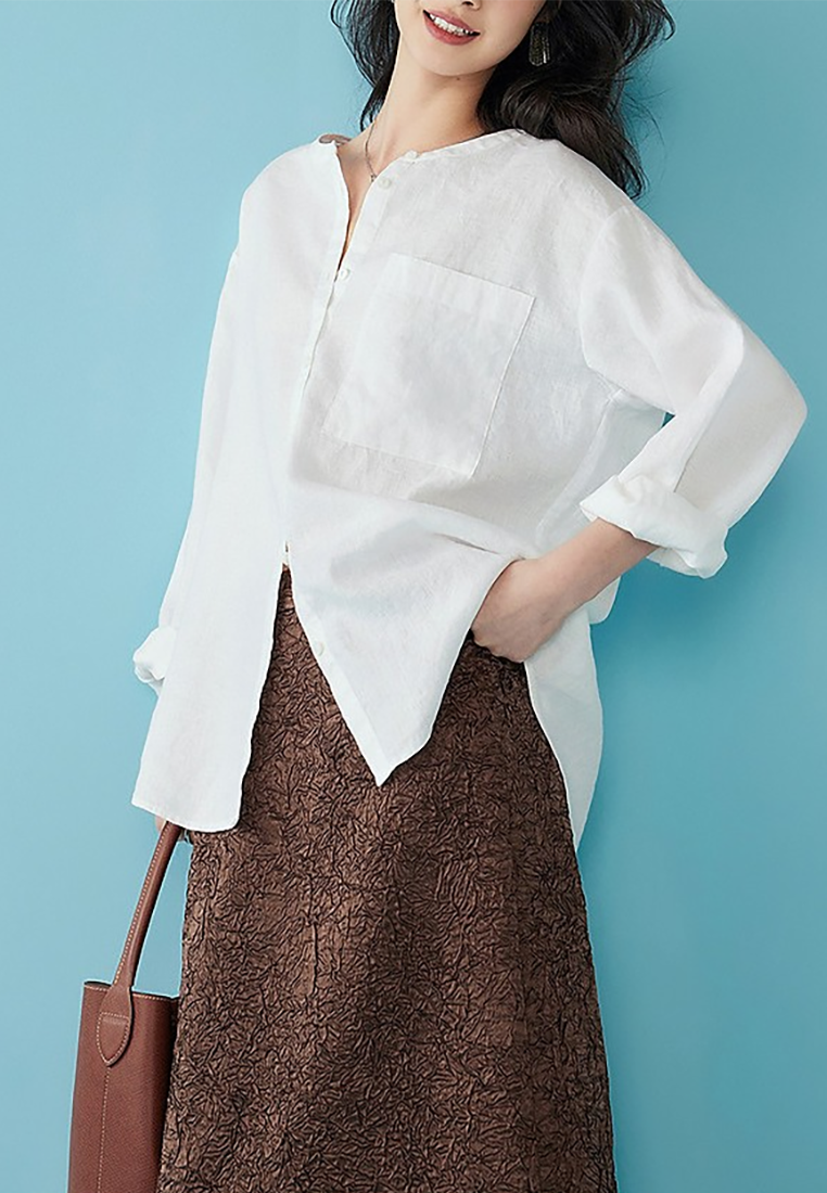 New French round neck linen drop shoulder loose shirt CA25100905BL