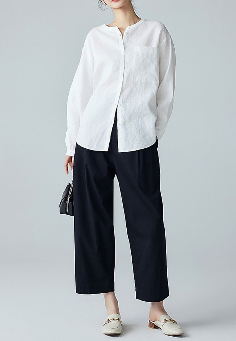 New French round neck linen drop shoulder loose shirt CA25100905BL