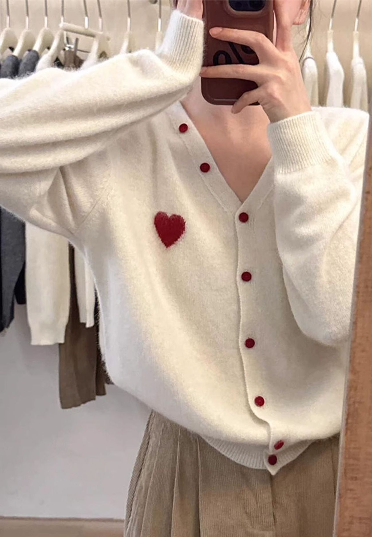 Autumn V-neck heart embroidered knitted long-sleeved top CA25102405GY