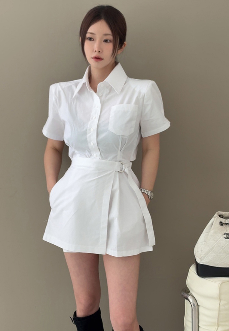 New summer hollow back waist lapel short sleeve fake two-piece jumpsuit CA25060350W