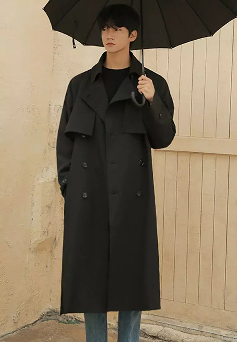 Fashion men's double breasted mid length trench coat CA091922BK-L