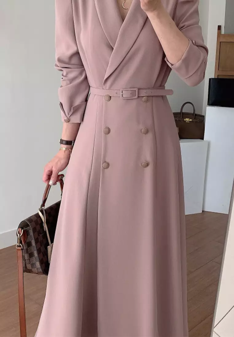 French style waist cinching solid color long dress CA24092723PI
