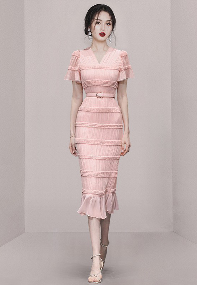 2023 New Exquisite V-Neck Belted Dress with Ruffled Hem CA061351