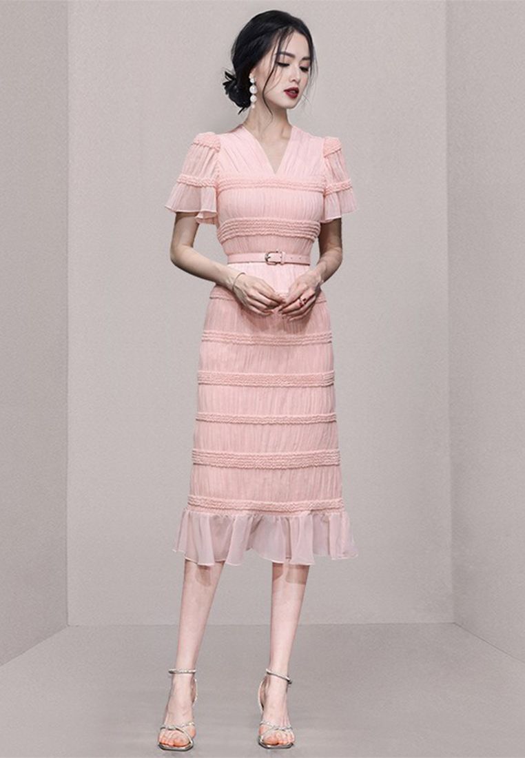 2023 New Exquisite V-Neck Belted Dress with Ruffled Hem CA061351