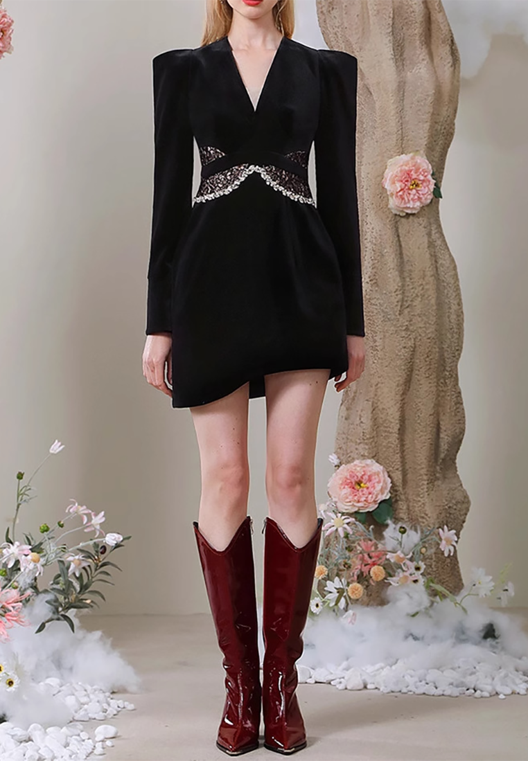 Autumn and winter French diamond chain lace splicing V-neck dress CA25092551BK