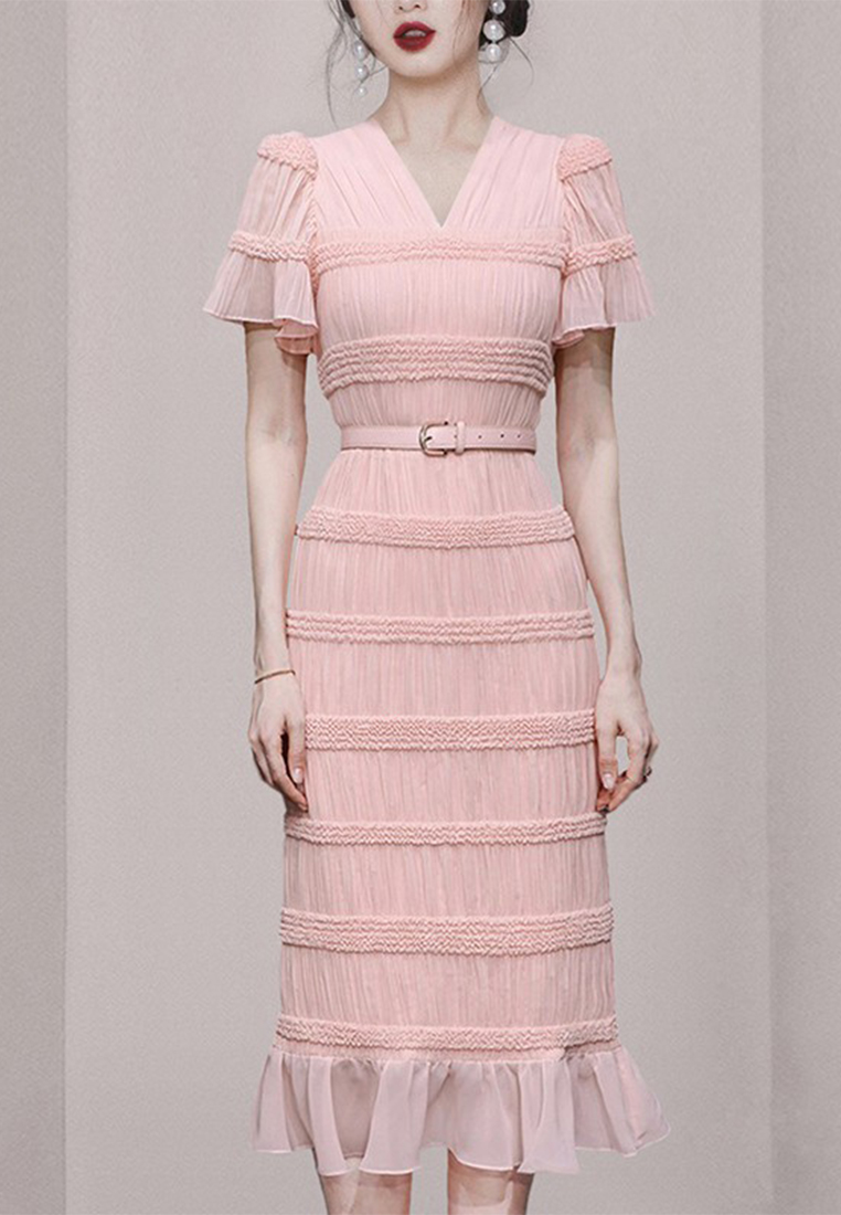 2023 New Exquisite V-Neck Belted Dress with Ruffled Hem CA061351