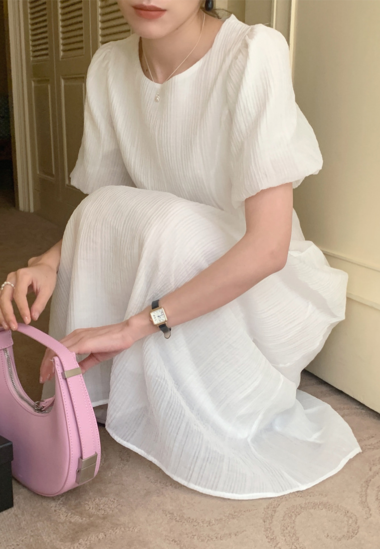 Summer French retro puff sleeve waist pocket dress CA225042251W