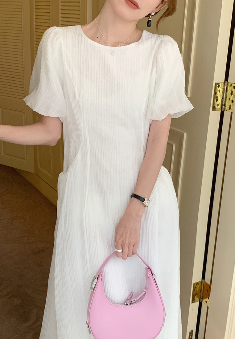 Summer French retro puff sleeve waist pocket dress CA225042251W