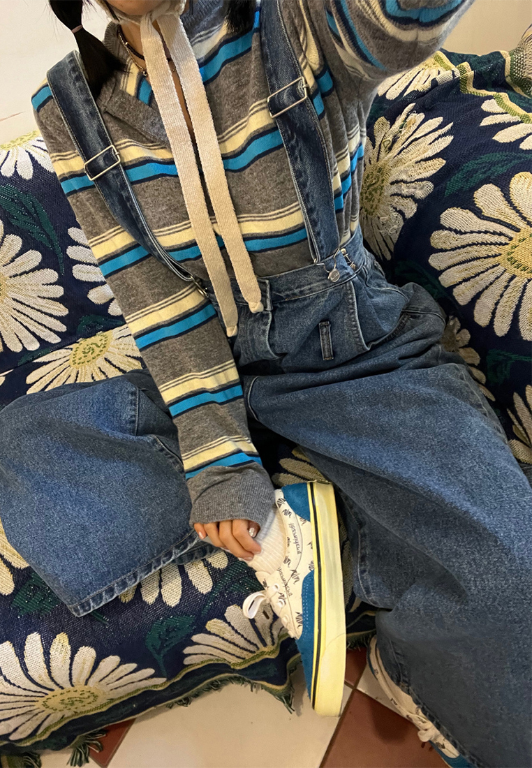 New Korean style high waist denim suspender wide leg pants CA25042951BL