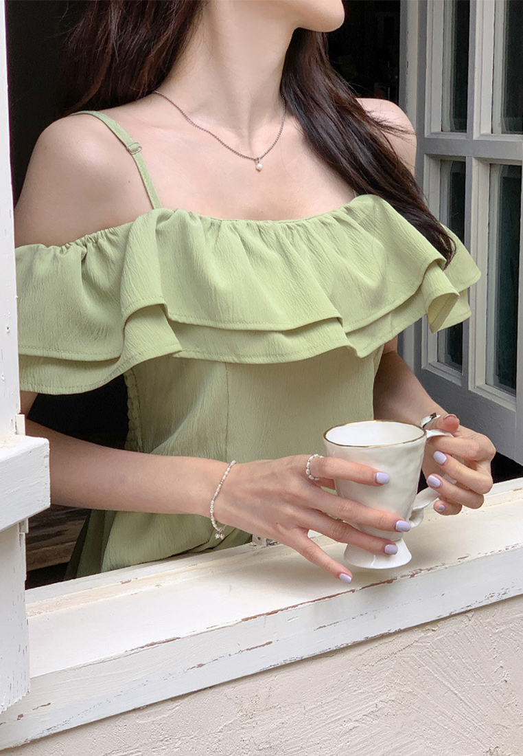 Summer temperament ruffle waist suspender dress CA25060351GR