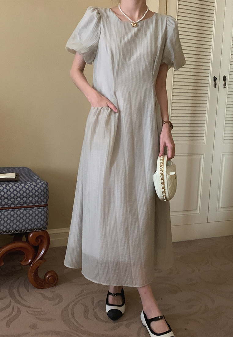 Summer French retro puff sleeve waist pocket dress CA225042251W