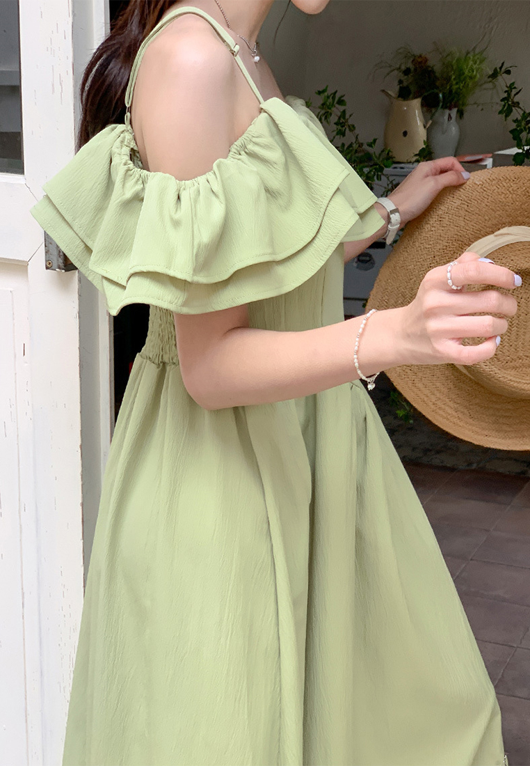 Summer temperament ruffle waist suspender dress CA25060351GR