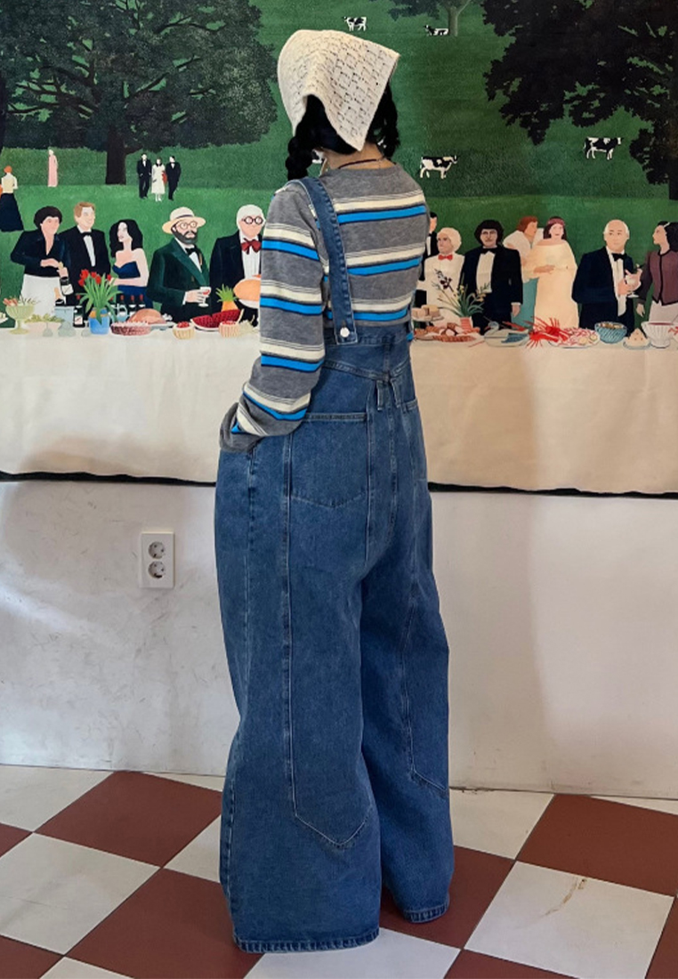 New Korean style high waist denim suspender wide leg pants CA25042951BL