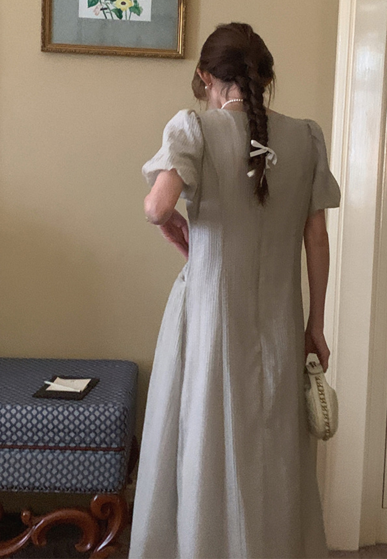 Summer French retro puff sleeve waist pocket dress CA225042251W