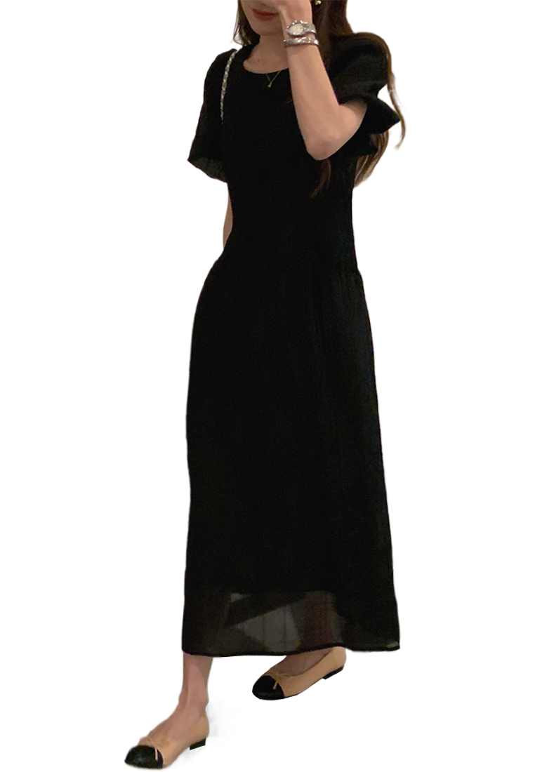 Summer French retro puff sleeve waist pocket dress CA225042251W