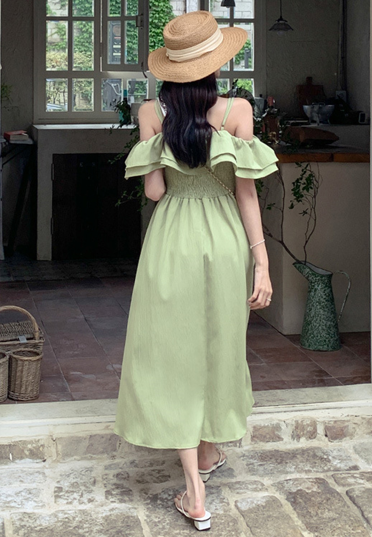 Summer temperament ruffle waist suspender dress CA25060351GR
