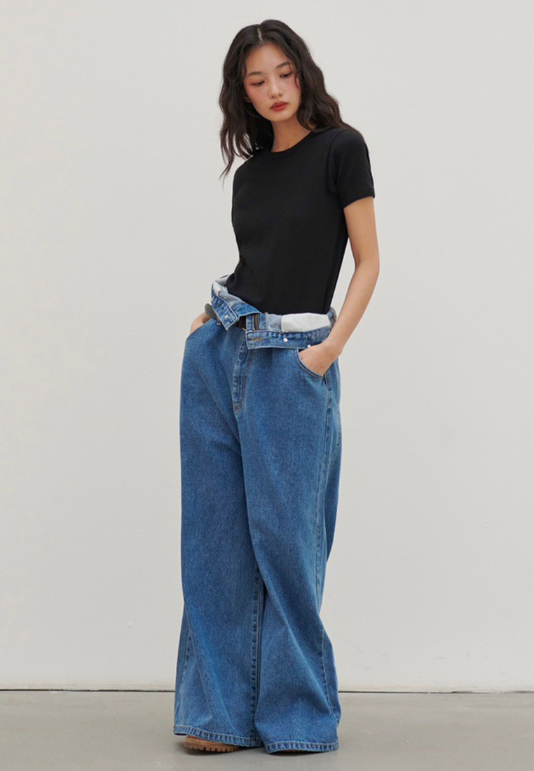 New Korean style high waist denim suspender wide leg pants CA25042951BL