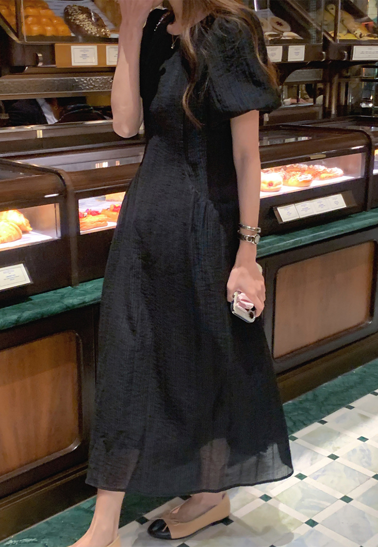 Summer French retro puff sleeve waist pocket dress CA225042251W