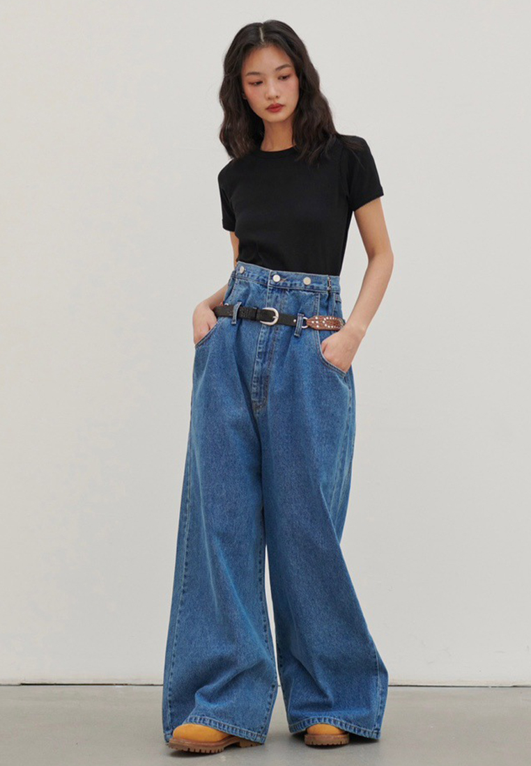New Korean style high waist denim suspender wide leg pants CA25042951BL