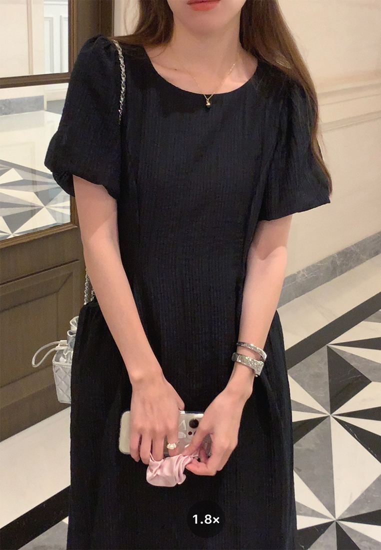 Summer French retro puff sleeve waist pocket dress CA225042251W