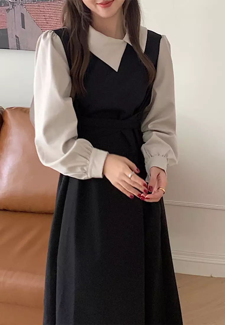 French retro contrasting lapel patchwork lace up dress CA24092715BW