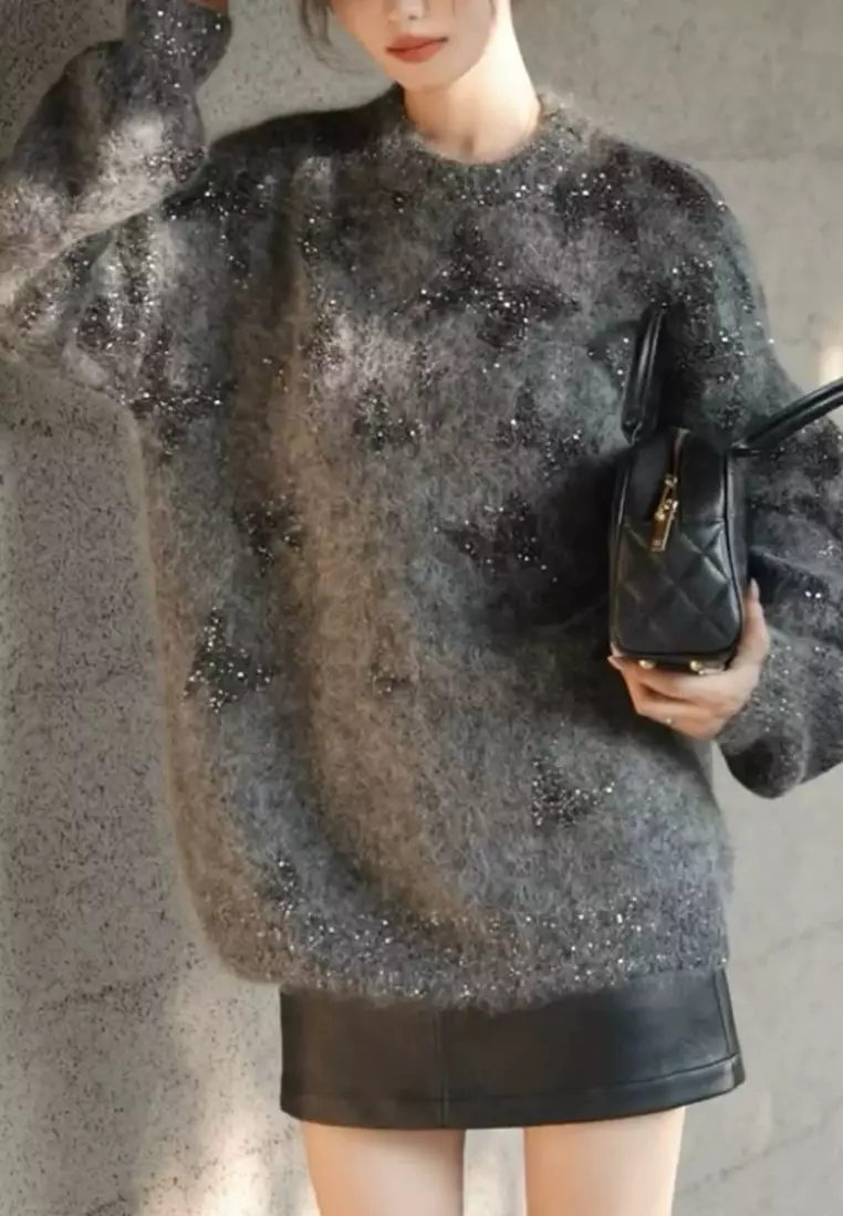 Temperament new gray star pattern shiny mohair knitted sweater top K112601