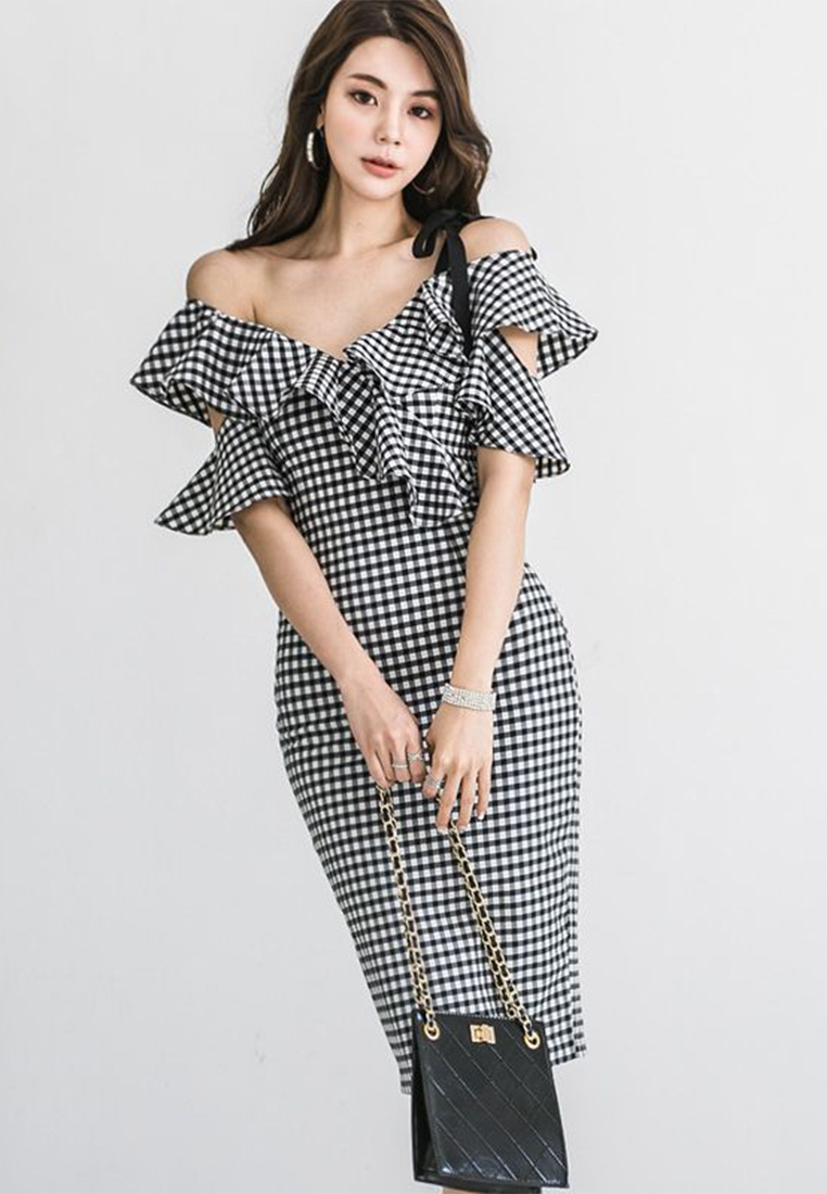 2023 New Deep V-neck Plaid Bodycon Dress CA061352