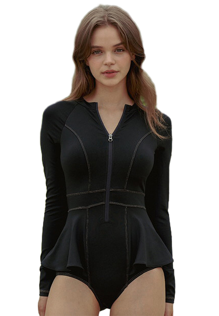 New black zippered long-sleeved one-piece swimsuit CA24032152