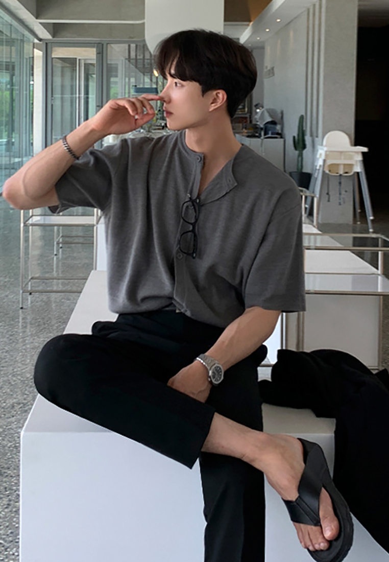 Men's summer solid color knitted cardigan T-shirt CA25052352GY