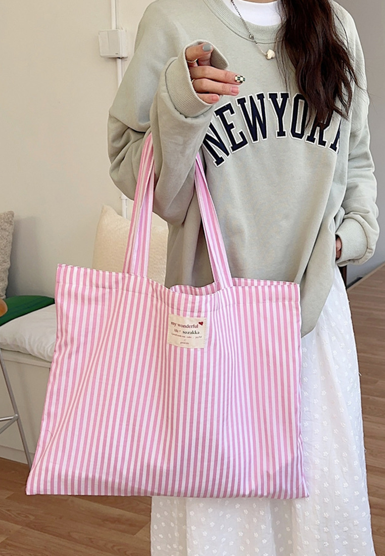 Striped Large Capacity Shoulder Tote Canvas Bag CA25061752PI
