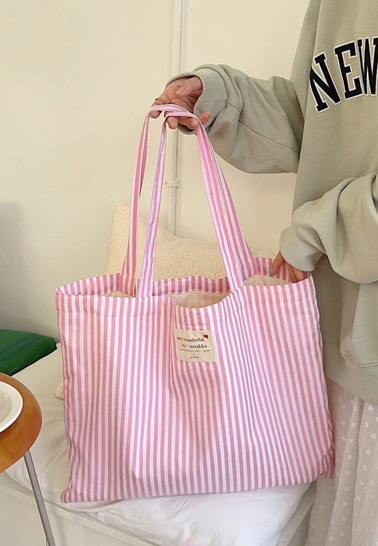 Striped Large Capacity Shoulder Tote Canvas Bag CA25061752PI