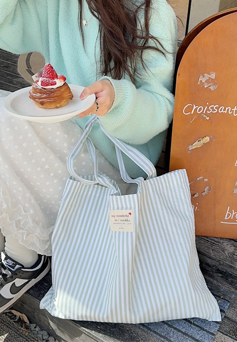 Striped Large Capacity Shoulder Tote Canvas Bag CA25061752PI