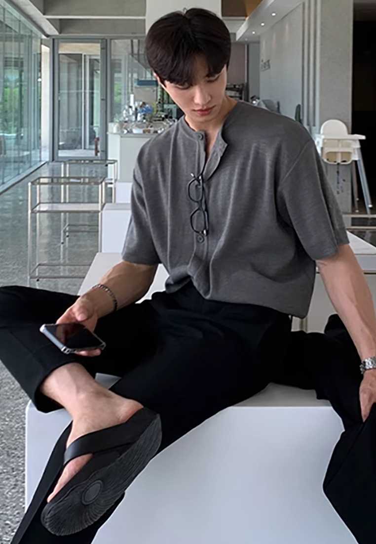 Men's summer solid color knitted cardigan T-shirt CA25052352GY