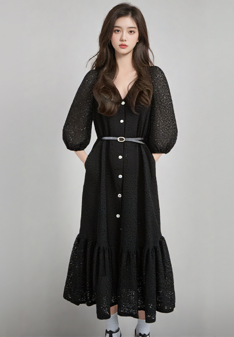 Vintage lace hollow out single breasted dress CA25032752BE