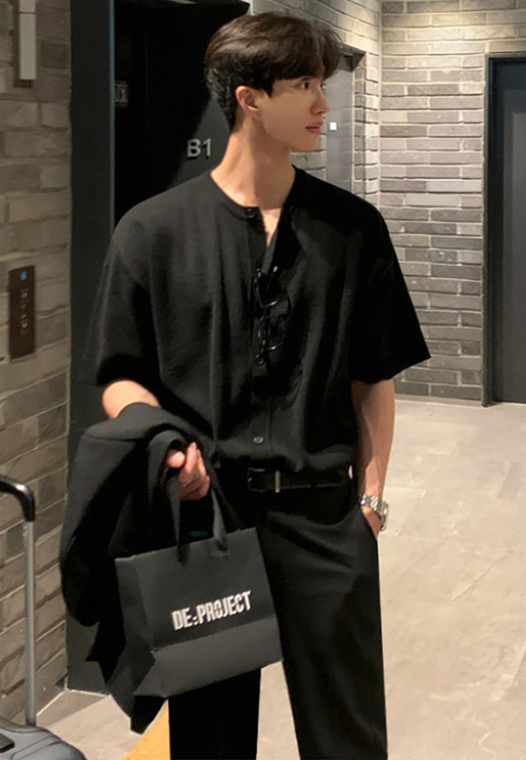 Men's summer solid color knitted cardigan T-shirt CA25052352GY