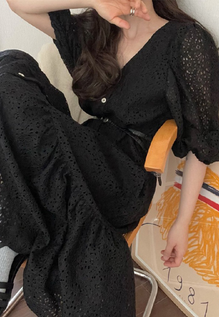 Vintage lace hollow out single breasted dress CA25032752BE