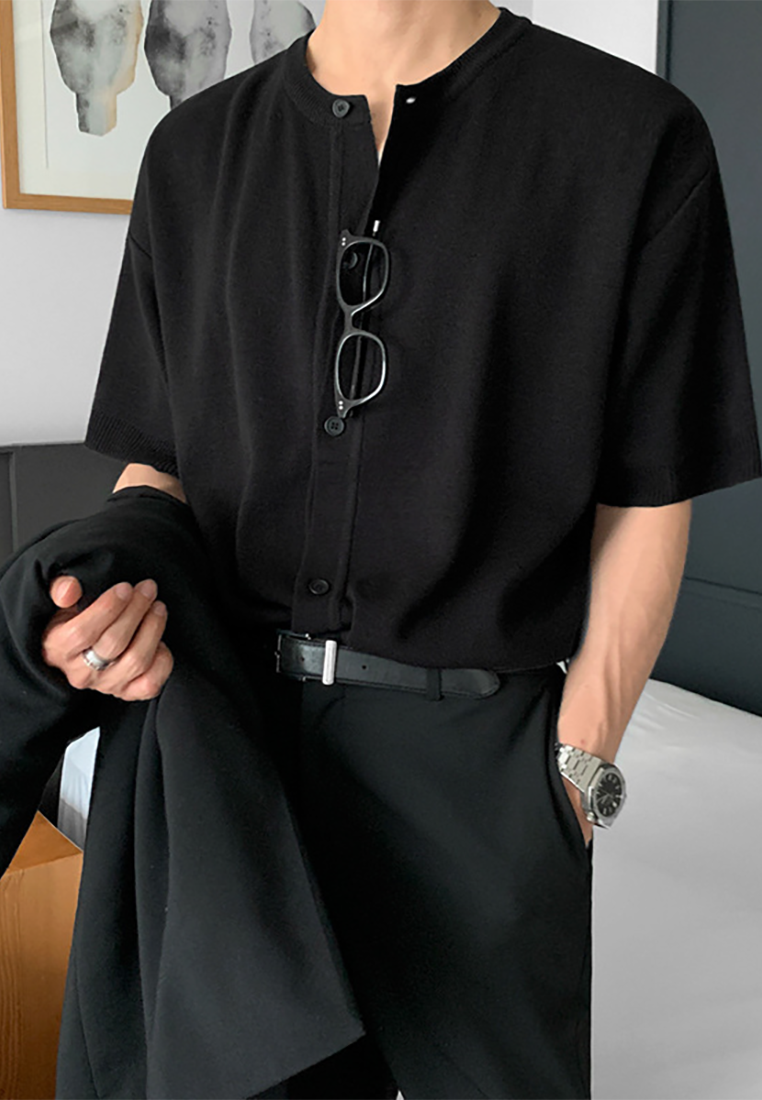 Men's summer solid color knitted cardigan T-shirt CA25052352GY