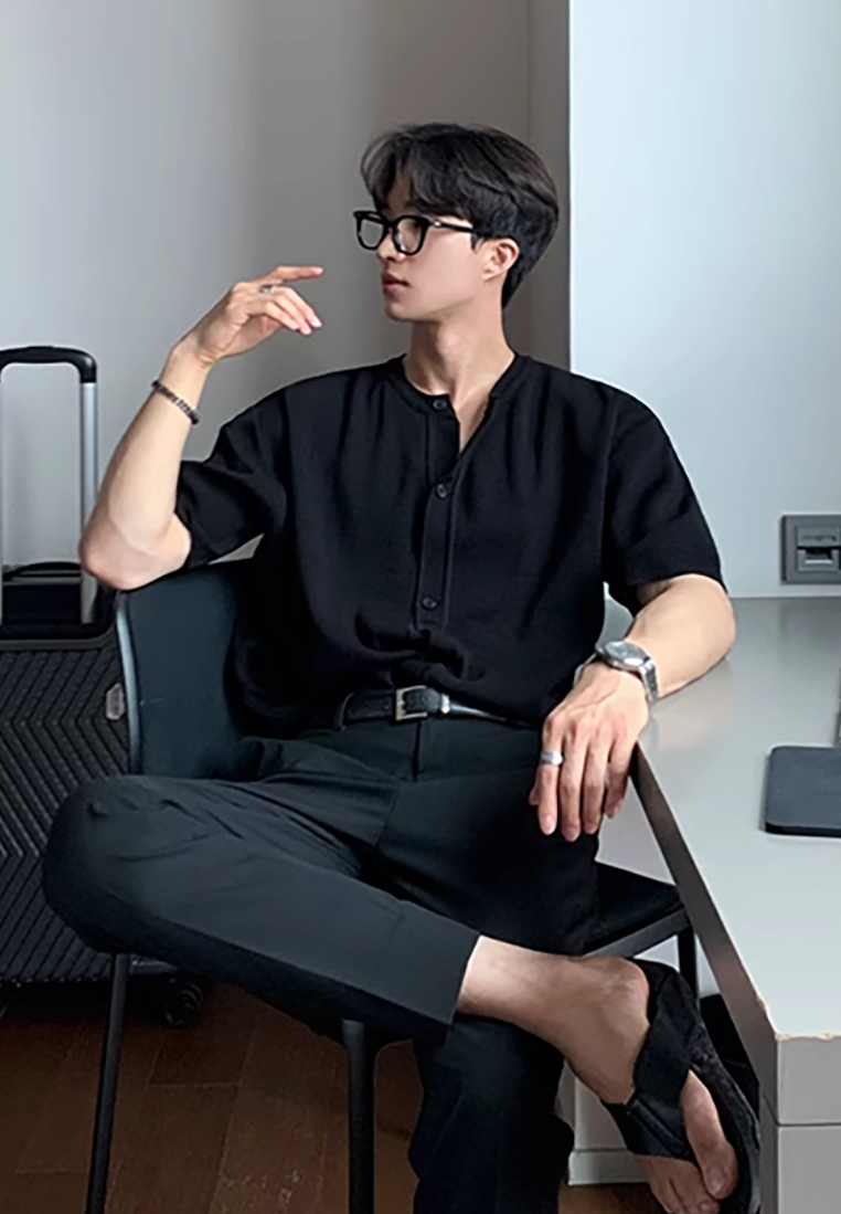 Men's summer solid color knitted cardigan T-shirt CA25052352GY