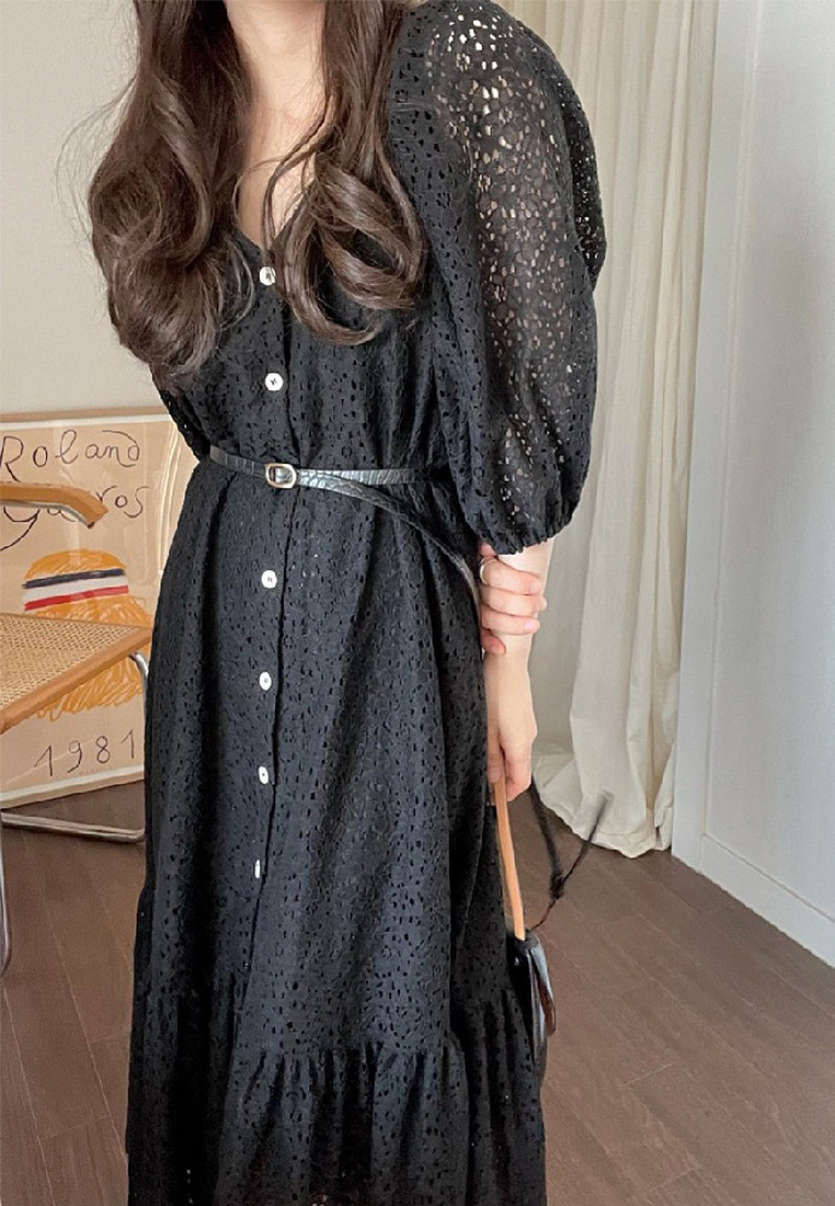 Vintage lace hollow out single breasted dress CA25032752BE