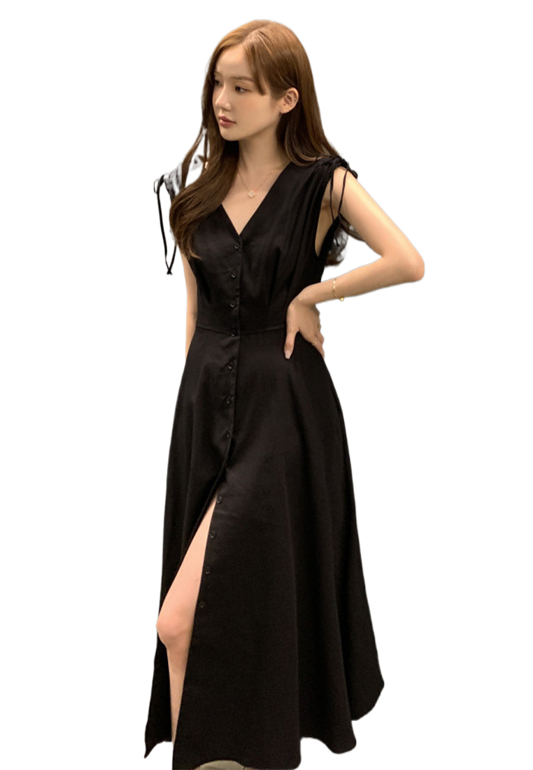 New French Temperament Single-breasted Sleeveless Dress CA25060352BK