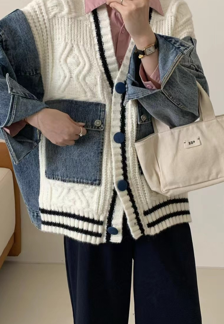 Temperament new denim splicing knitted jacket Cardigans K121001BL