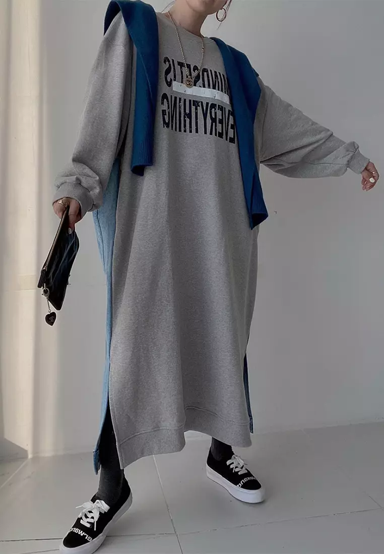 Korean printed patchwork denim loose dress CA24092506GY