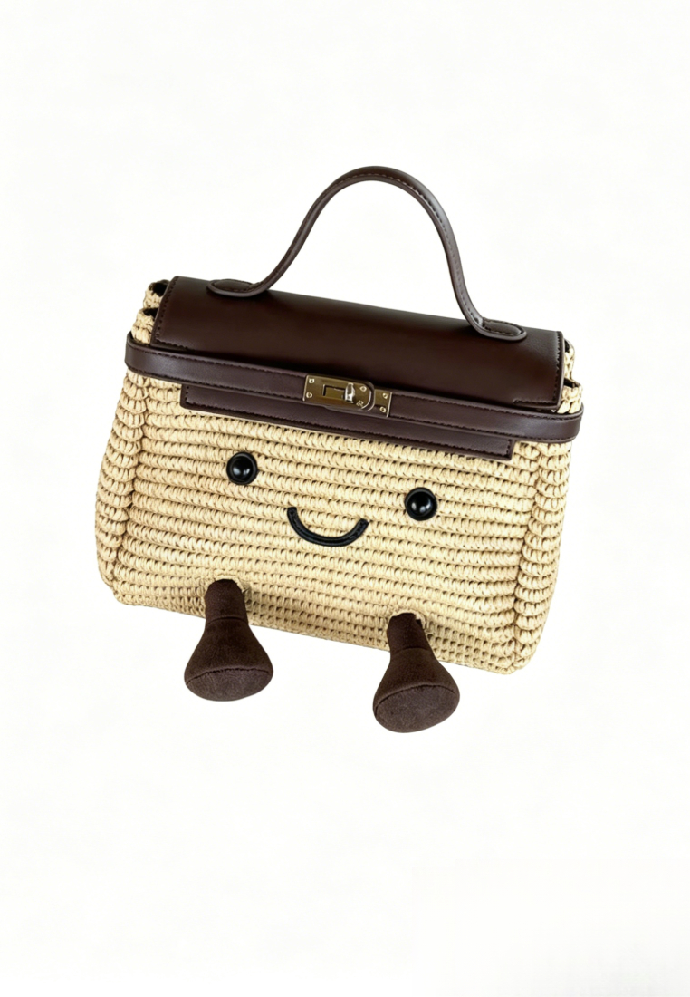 Cute Cartoon Style Smiley Face Woven Mini Handbag with Leather Handle K26052001