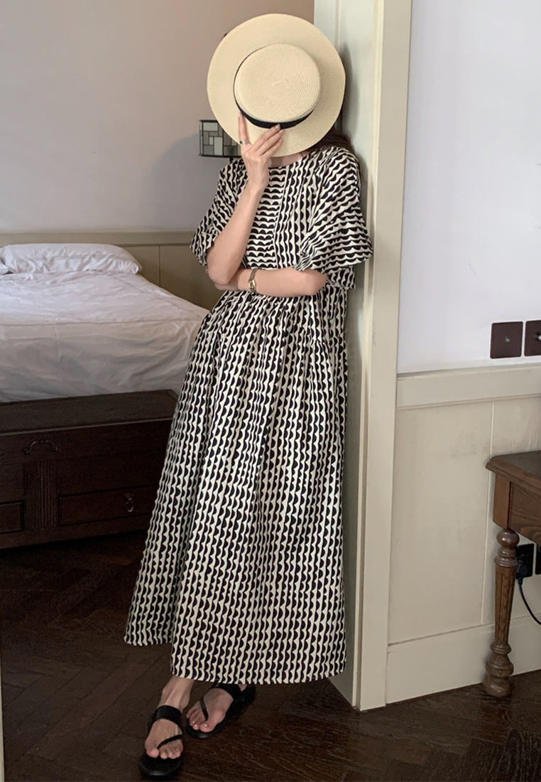 Korean retro lotus leaf sleeve loose print striped dress CA225042253BK